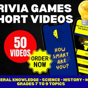 Pode incluir: Gr&aacute;fico promocional para jogos de perguntas e respostas em formato de v&iacute;deo curto. A imagem apresenta um smartphone exibindo perguntas de trivia, uma l&acirc;mpada com um c&eacute;rebro e o texto "How Smart Are You?" O gr&aacute;fico tamb&eacute;m inclui &iacute;cones de m&iacute;dia social e o texto "50 V&iacute;deos."