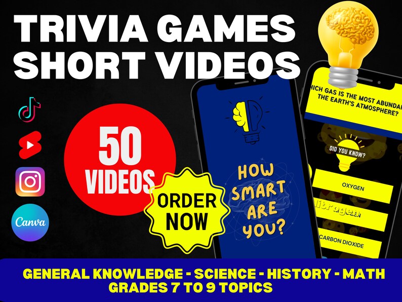 Pode incluir: Gr&aacute;fico promocional para jogos de perguntas e respostas em formato de v&iacute;deo curto. A imagem apresenta um smartphone exibindo perguntas de trivia, uma l&acirc;mpada com um c&eacute;rebro e o texto "How Smart Are You?" O gr&aacute;fico tamb&eacute;m inclui &iacute;cones de m&iacute;dia social e o texto "50 V&iacute;deos."