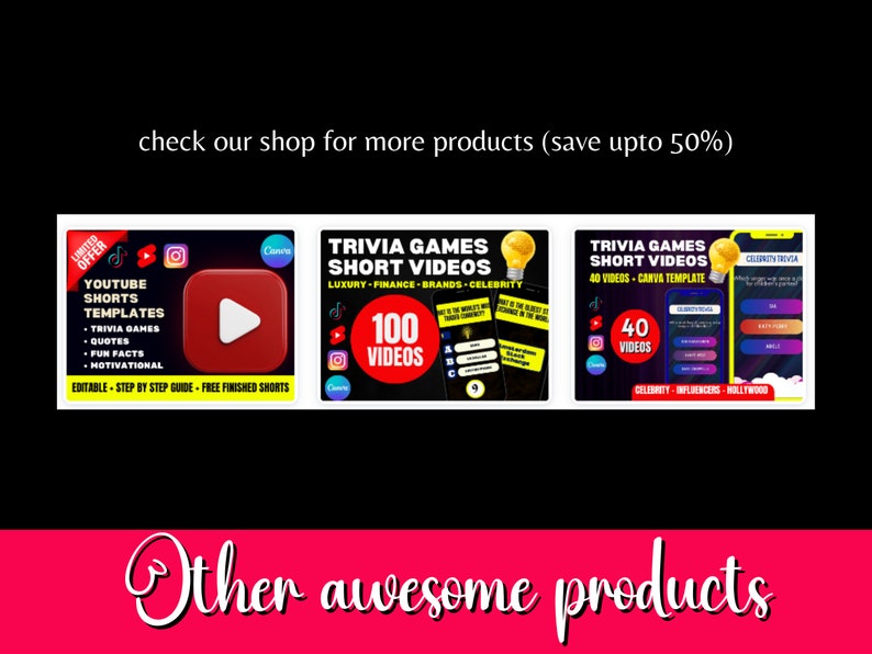 Pode incluir: Imagem promocional com modelos digitais para YouTube Shorts. Os modelos incluem jogos de trivia, cita&ccedil;&otilde;es, fatos divertidos e conte&uacute;do motivacional. O texto diz "check our shop for more products".