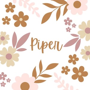 May include: White background with a floral design featuring flowers in shades of brown, pink, and beige, along with brown leaves and the name "Piper" in a brown script font.