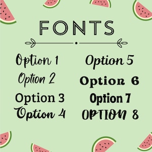 May include: A light green background with a pattern of watermelon slices. The word "FONTS" is displayed in a bold, black font. Below, eight font options are shown, each labeled "Option" followed by a number, showcasing different font styles.