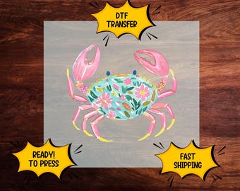 Floral Pink Crab DTF Transfer, Crab Summer Ready to Press