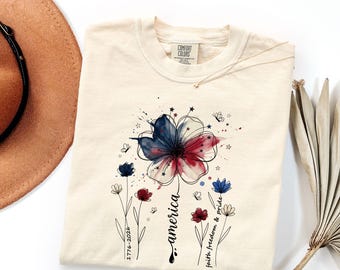 T-shirt à fleurs américain Comfort Colors®, chemise patriotique à fleurs sauvages, t-shirt 250e anniversaire des États-Unis, chemise à fleurs bohème patriotique, t-shirt 4 juillet