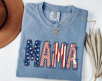 Comfort Colors Mama Patriotic Shirt, USA Flag Fourth of July Tee