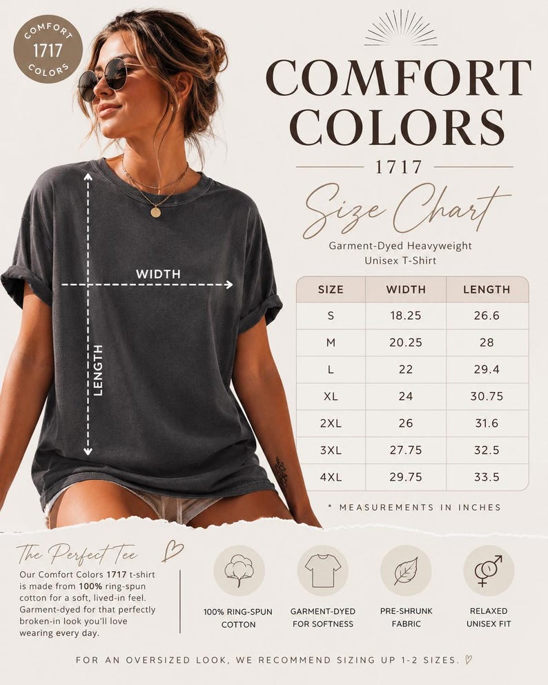 Pu&ograve; includere: Una t-shirt unisex grigio antracite mostrata con una tabella delle taglie per Comfort Colors 1717. La tabella elenca larghezze e lunghezze in pollici per le taglie dalla S alla 4XL. Il grafico include testo su 100% cotone e vestibilit&agrave; rilassata.