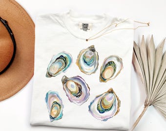 Comfort Colors Watercolor Oyster Shell Shirt, Coastal Beach Graphic Tee