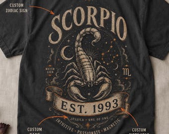 Personalized Scorpio Comfort Colors Shirt, Custom Name & Birth Year Zodiac Tee, Vintage Celestial Astrology Gift