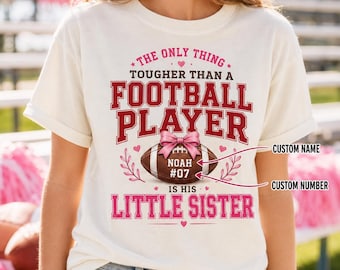 Personalized Football Little Sister Shirt, Custom Brother Name Number, Pink Bow Sibling Gift, Girls Tee Hoodie