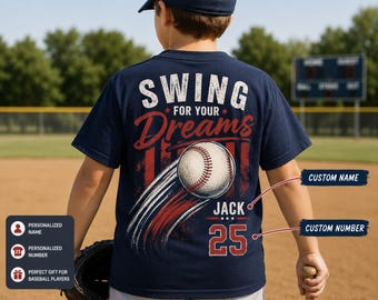 Personalized Baseball Shirt for Kids, Custom Name & Number Youth Baseball Tee, Swing for Your Dreams Player Gift