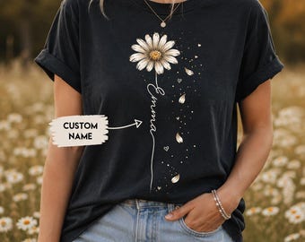 Personalized Daisy Flower Shirt, Custom Name Floral Tee, Minimalist Wildflower T-Shirt, Botanical Birthday Gift for Her