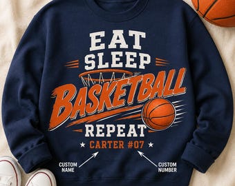 Eat Sleep Basketball Repeat Shirt, Personalized Player Name Number, Youth Hoops Gift, Tee Hoodie Sweatshirt