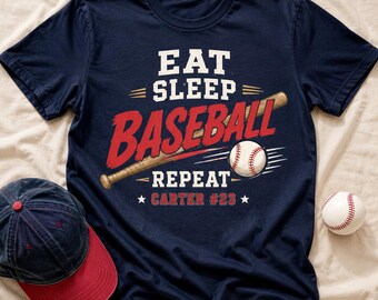 Eat Sleep Baseball Repeat Shirt, Personalized Player Name Number, Retro Bat Ball Gift, Youth Tee Hoodie Sweatshirt 2026