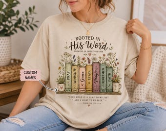 Custom Christian Bookshelf Shirt, Personalized Faith Book Lover Tee, Rooted In His Word Floral T-Shirt, Bible Study Gift for Women