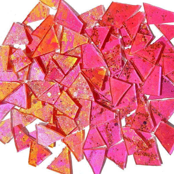 Bright Pink and Orange Mix of Metallic Mosaic Glitter Glass Tile Sheets for cutting up. Opaque, Not Stained Glass.