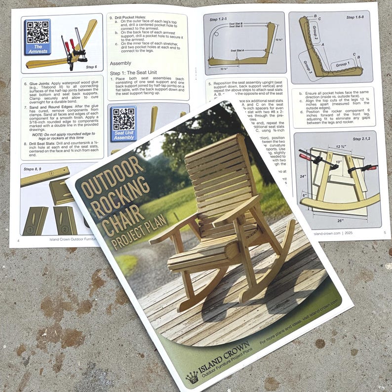 Op de afbeelding: Een projectplan voor een schommelstoel voor buiten. De omslag toont een voltooide houten schommelstoel op een terras. Instructies en diagrammen zijn zichtbaar, inclusief metingen in centimeters. De tekst luidt "Outdoor Rocking Chair Project Plan."