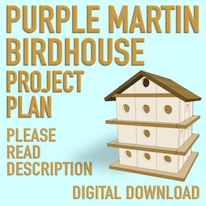 Może przedstawiać: Cyfrowy plan projektu budowy budki dla jerzyków purpurowych. Budka dla ptaków to trzypiętrowa konstrukcja z okrągłymi otworami wejściowymi i brązowym dachem. Tekst na obrazku brzmi "Purple Martin Birdhouse Project Plan" i "Digital Download."