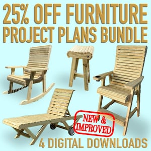 Lot de plans de mobilier d'extérieur : tabouret de bar, grande chaise longue, chaise longue et chaise berçante