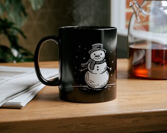 Snowman Christmas Mug | Monochrome Outline Mug | Black Mug 11oz