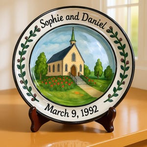 Custom Church Wedding Plate, Personalized Ceramic Plate with Church Design, Wedding Keepsake, Bride and Groom, Anniversary Plate P8115CE0
