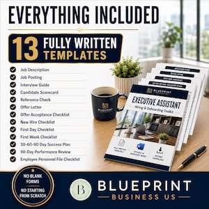May include: A digital product bundle featuring 13 fully written templates for an Executive Assistant hiring and onboarding toolkit. Includes a list of documents like job descriptions, interview guides, and checklists, with a pen and coffee mug.