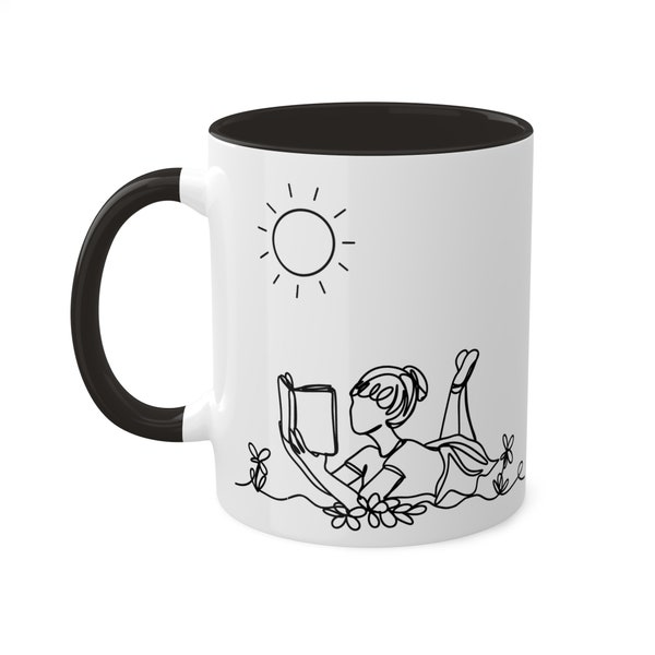 Whimsical Coffee Mug featuring a Girl Reading a Book in a Flower Garden Designs on both sides of Cup Gift for a Book Lover