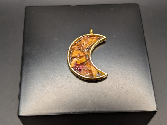 Fall Necklace - Crescent Shape Dried Flower Resin Pendant - Earth Tone Jewelry
