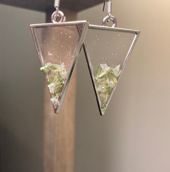 White Triangle Earrings: Minimalist Dried Flower Jewelry
