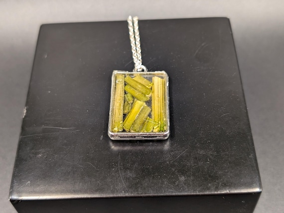 Plant Stem Botanical Light Green Necklace - Rectangular Pendant - Dried Flower Jewelry