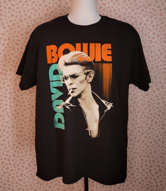David Bowie Vintage Distressed Tee, Sunglasses Photo Shirt, Retro Rock Graphic Tee, Orange Turquoise Print, Black Unisex T-Shirt