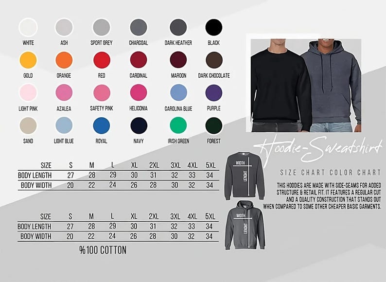 May include: Size chart for hoodies and sweatshirts with a color chart of different colors. The chart shows the measurements for body length and body width in inches for sizes S through 5XL. The text states that the hoodies are made with side seams for added structure and retail fit. The text also states that the hoodies feature a regular cut and quality construction that stands out when compared to some other cheaper basic garments. The text at the bottom of the chart states that the hoodies are made of 100% cotton.