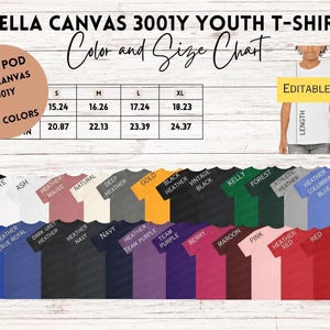 May include: Bella Canvas 3001Y Youth T-Shirt color and size chart with measurements in inches. The chart shows 2023 colors for sizes S, M, L, and XL. The image also shows a variety of t-shirt colors, including black, white, ash, heather mauve, natural, deep heather, gold, black heather vintage black, kelly, forest, athletic heather, heather columbia blue, heather red, and red.