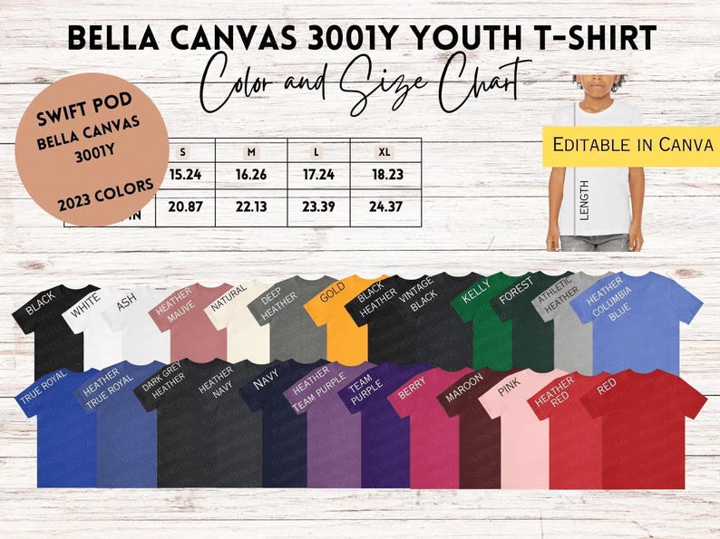 May include: Bella Canvas 3001Y Youth T-Shirt color and size chart with measurements in inches. The chart shows 2023 colors for sizes S, M, L, and XL. The image also shows a variety of t-shirt colors, including black, white, ash, heather mauve, natural, deep heather, gold, black heather vintage black, kelly, forest, athletic heather, heather columbia blue, heather red, and red.