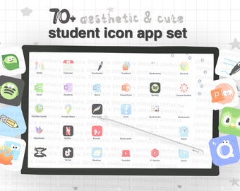 Aesthetic and Cute Handdrawn Pastel Study Icon App Pack Set (IpadOS + IOS) 70+ designs