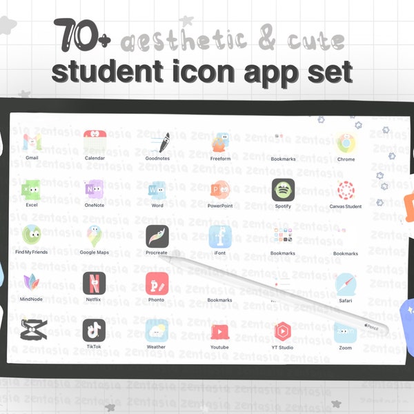 Aesthetic and Cute Handdrawn Pastel Study Icon App Pack Set (IpadOS + IOS) 70+ designs