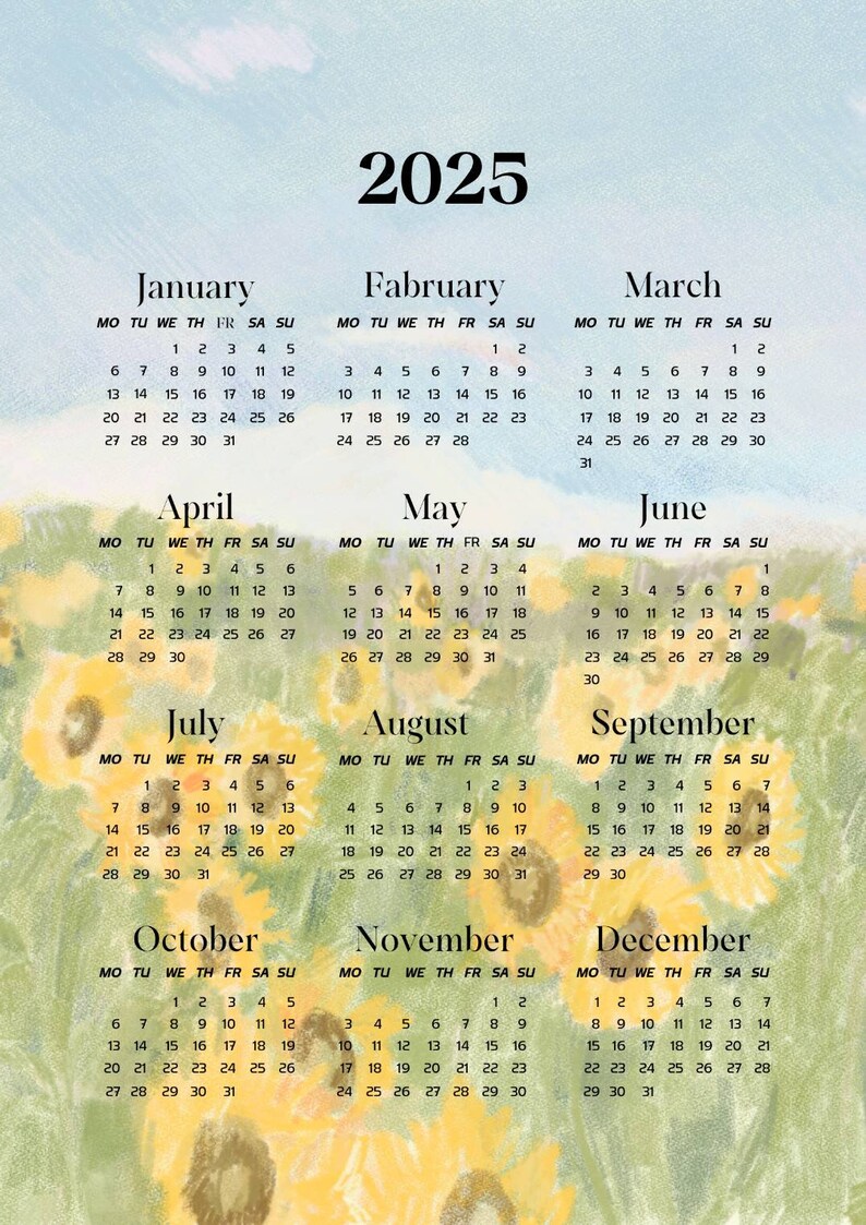 Calendar Year 2025 Minimal Sunflowers View Etsy