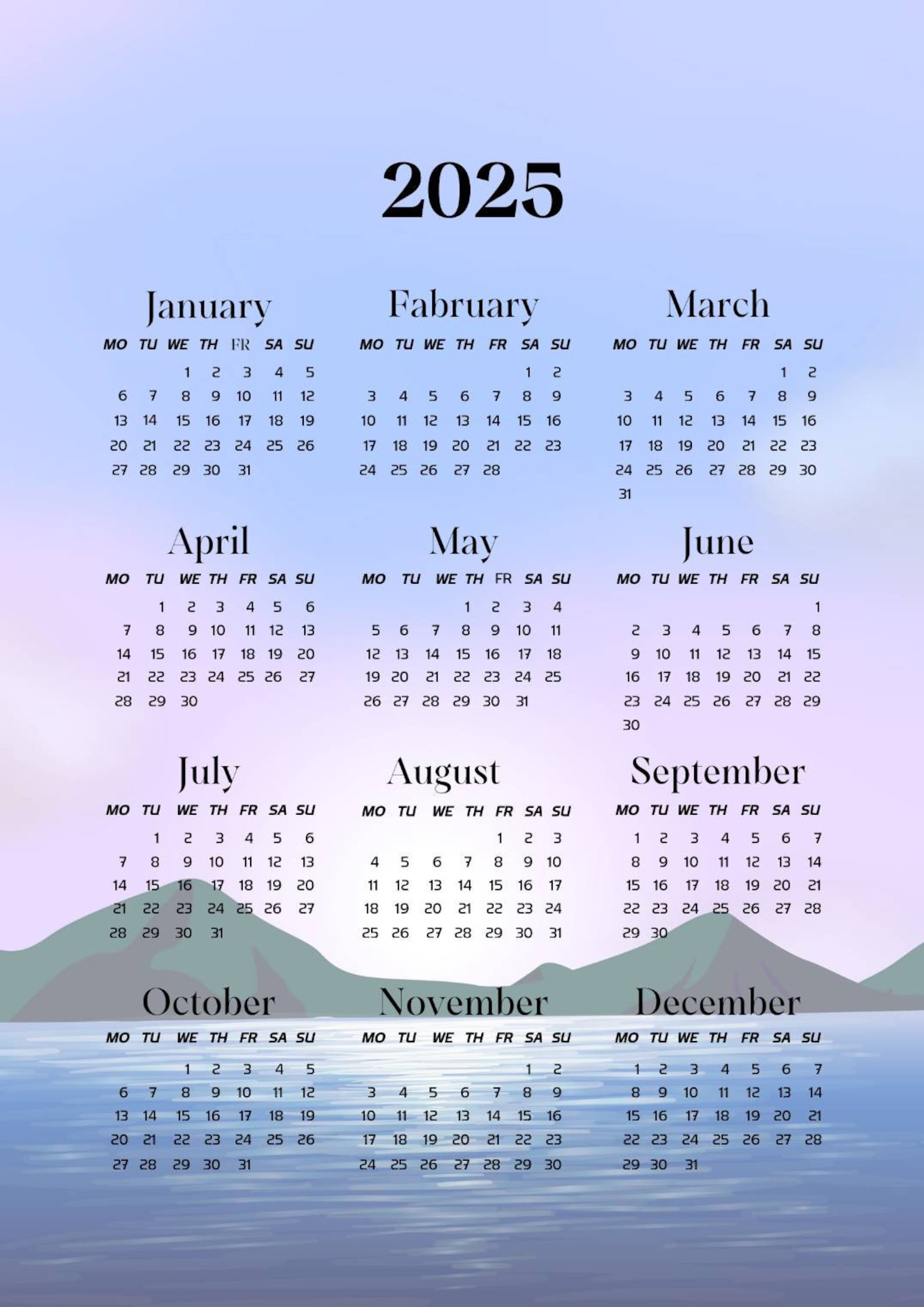 2025 Calendar Illustrator Mountain Digital Printable A4 Etsy
