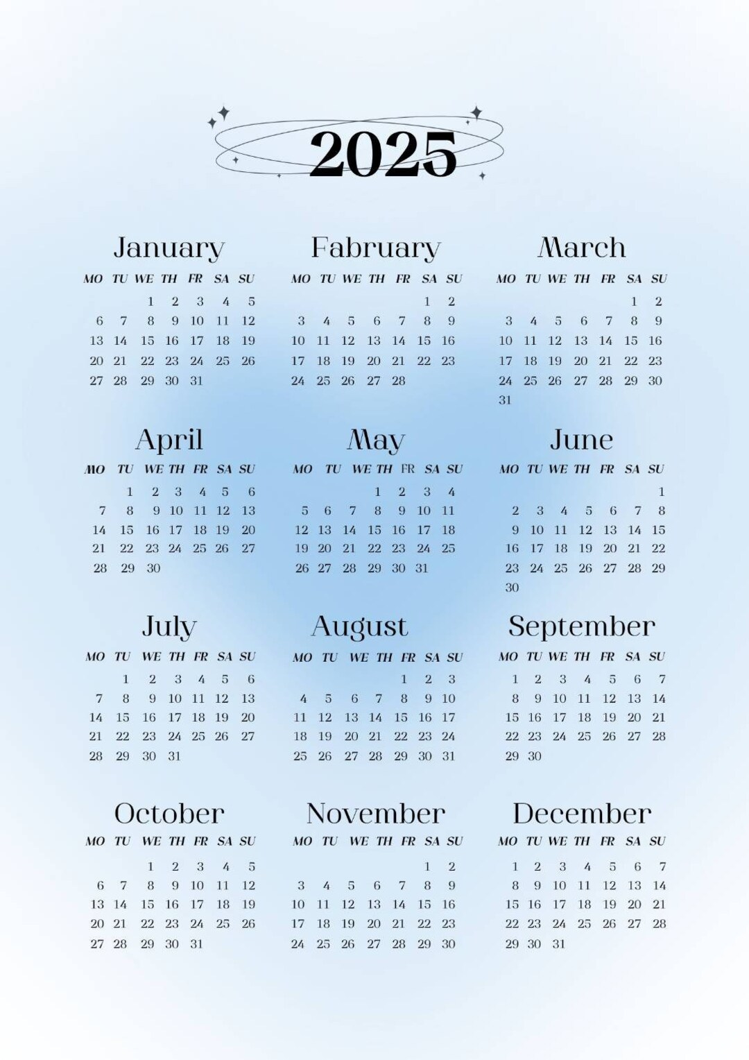 2025 Calendar Blue Sky Theme Digital Printable A4 Etsy