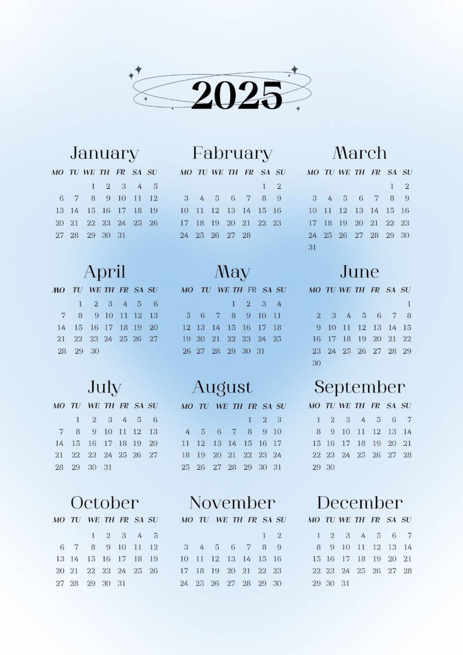 2025 Calendar Blue Sky Theme Digital Printable A4 Etsy UK