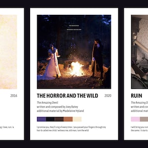 May include: Three album art prints for "The Amazing Devil" feature unique artwork. "Love Run" has a red and white abstract design. "The Horror and the Wild" shows figures near a fire. "Ruin" depicts a room with people.