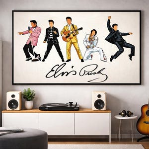 May include: A framed art print featuring five stylized illustrations of Elvis Presley in various iconic poses and outfits. The artwork includes the signature "Elvis Presley" in cursive script. The print is displayed above a white cabinet with speakers and a record player.