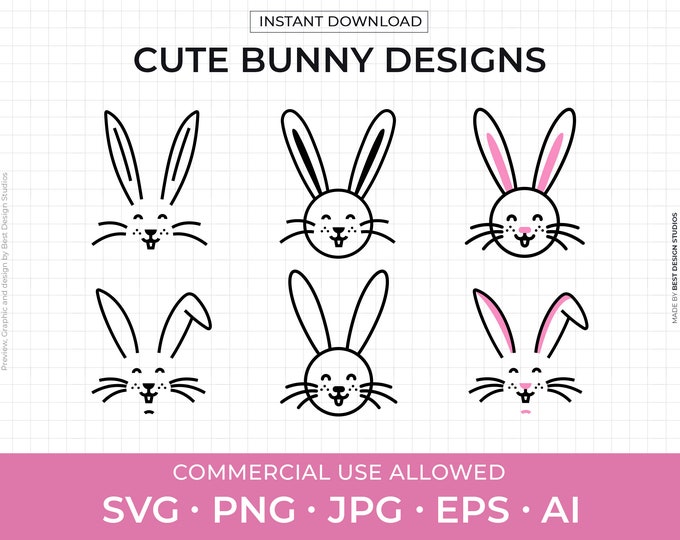 Bunny Face Svg Bundle, Bunny Face Clipart, Cute Bunny, Easter Bunny Svg ...