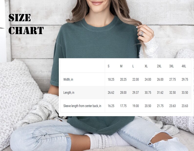 May include: Size chart for a t-shirt with measurements in inches for width, length, and sleeve length from centre back. Sizes range from S to 4XL.