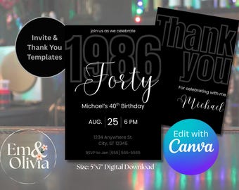 40th Birthday Invite, Party Invitation Template, 1986 editable modern design, classy