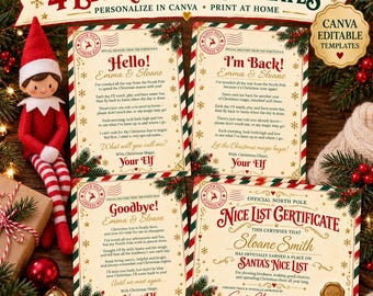 May include: Four editable Christmas elf templates featuring festive red and green borders, snowflake accents, and North Pole postmarks. The designs include Hello, I'm Back, and Goodbye letters for children, plus a Nice List Certificate for Santa.