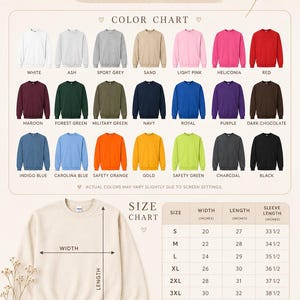 Puede incluir: Una tabla de colores y tallas para la sudadera de cuello redondo Gildan 18000. La imagen muestra veintiuna muestras de color, una sudadera beige con flechas de medici&oacute;n de ancho y largo, y una tabla de tallas con medidas en pulgadas.