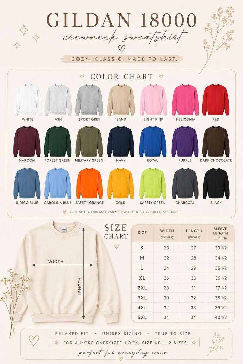 Puede incluir: Una tabla de colores y tallas para la sudadera de cuello redondo Gildan 18000. La imagen muestra veintiuna muestras de color, una sudadera beige con flechas de medici&oacute;n de ancho y largo, y una tabla de tallas con medidas en pulgadas.
