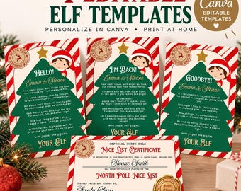 May include: Four editable Christmas elf templates featuring red and white striped borders and green tree graphics. Three cards include poems and elf illustrations, while one is a Nice List Certificate with a gold seal and North Pole postmark.