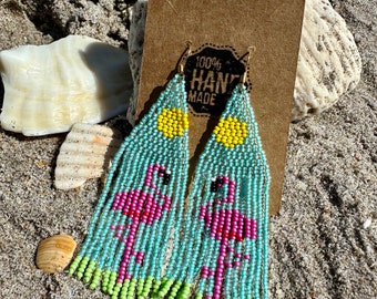 Handmade Seed Bead Pink Flamingo Earrings | Tropical Beach Jewelry