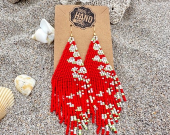 Red Japanese Blossom Inspired Dangle Seed Bead Fringe Earrings