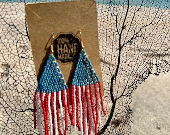 Patriotic Seed Bead Fringe Earrings, 4th of July Jewelry